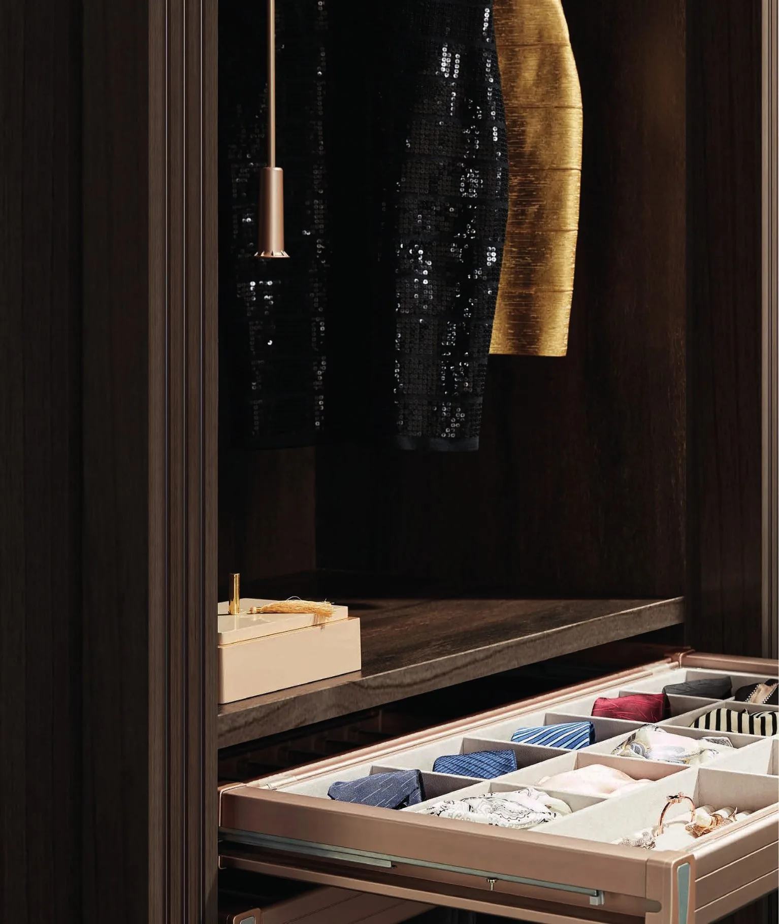 Suits on hanging rails, staged to the bay